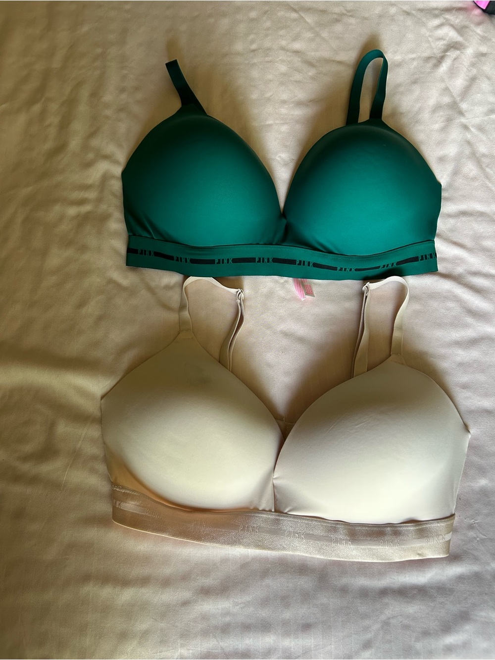 PINK Victoria's Secret Emerald Green & Cream Padded Wireless Bras Duo